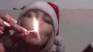 Sexy santa with red puffy lips blows smoke in your face