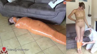 Pantyhose encased then wrapped in orange tape