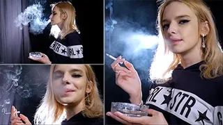 18 y-o Angelina is smoking two 120mm all white cigarettes