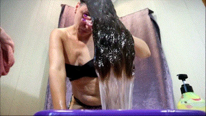 Hair washing from great and sexy brunette,a lot of rinsing