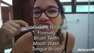 Tooth Care Routine Brushing Teeth Flossing Mouth Wash and Tongue Cleaning through a voyeur Camera