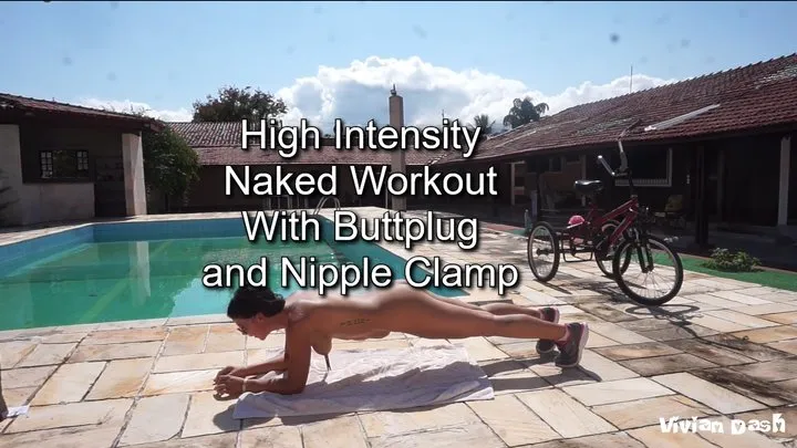 Naked fit girl workout outdoors with buttplug and nipple clamps