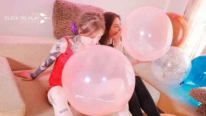 [Ava & Leya] Blowing to pop two small Wubble Balls