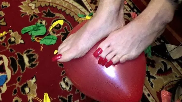 balloon scratching and popping with long red toenails and high heels - full clip
