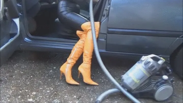 Car vacuuming with designer overknee boots - full clip