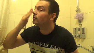 Man washing, cleaning, blowing and scretching his nose