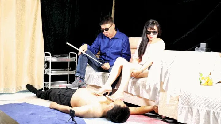 Husband and wife master trample and humiliate foot slave