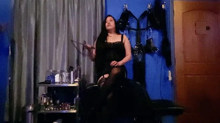 Domina Mara in a Leather Skirt, Garters, Stockings, and a Whip