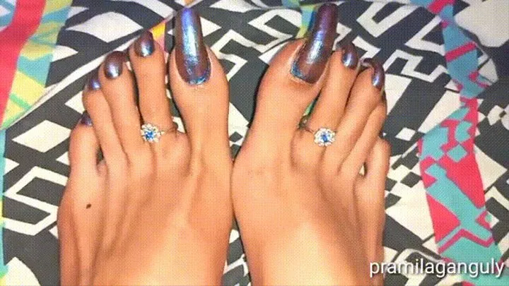 Beautiful Feet Show With Shiny Metallic Blue Long Sexy Toenails