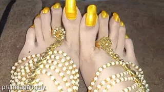 Beautiful Indian Bejewelled Feet With Long Toenails In Golden Yellow Show
