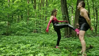 NoirQueenie and Faith - forest adventures part 6 - Ballbusting and CBT in the forest