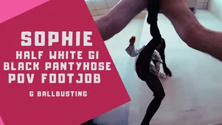 Half white gi and black pantyhose POV kicks footjob and ballbusting