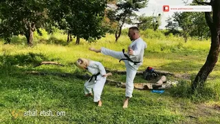 Olga outdoor karate gi fight