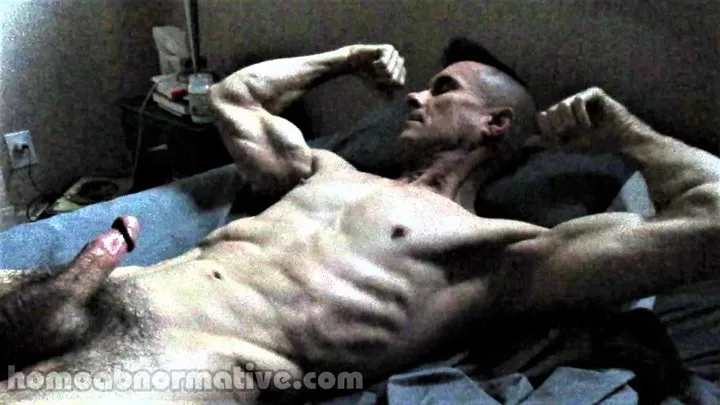 Flexing Muscles Upright and in Bed (with Self-Punching, Nipple Play, Jacking Off Twice)