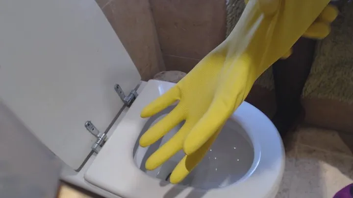 Scrubbing the Toilet in Rubber Gloves, High Heels & Black Stockings - Toilet Fetish
