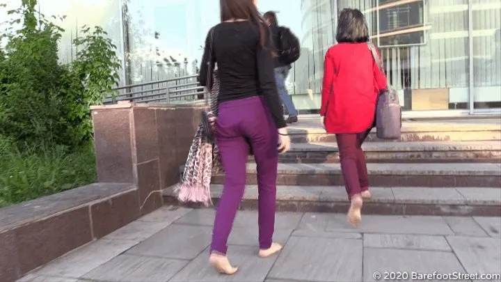 Young and mature barefoot sisters Alexandra and Natalya walks in the city (Part 3 of 6)