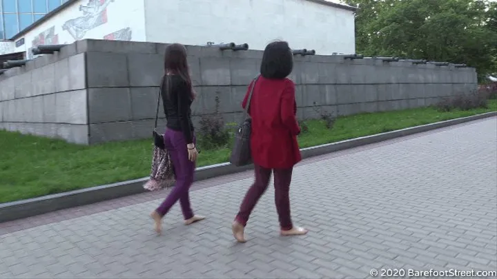 Young and mature barefoot sisters Alexandra and Natalya walks in the city (Part 4 of 6)