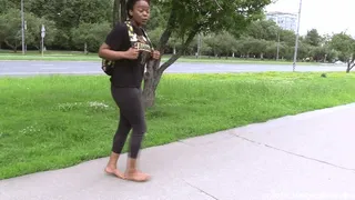 African girl Jennifer walks barefoot and shows her dirty soles in the city (Full)