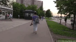 Long barefoot walking in summer city of beautiful girl Irina with small feet (Part 1 of 6)