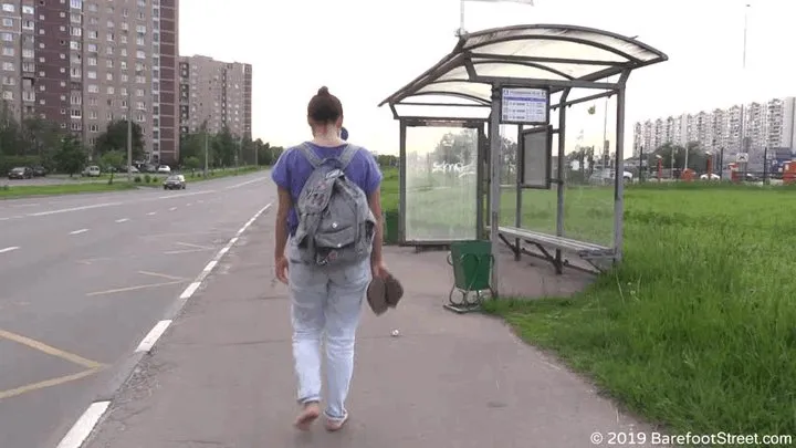 Long barefoot walking in summer city of beautiful girl Irina with small feet (Part 2 of 6)