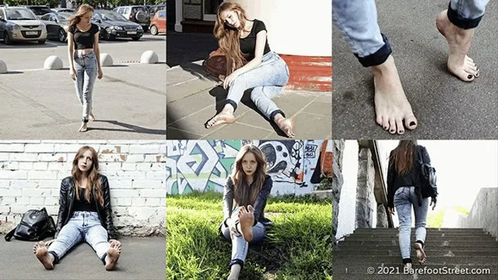 Young beautiful singer Anna walks barefoot along the sunny city streets (Full with 50% discount)