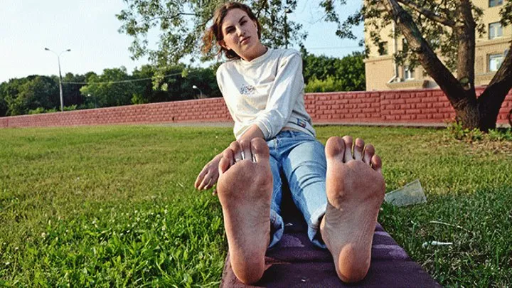 Lily spends time barefoot in the city and shows off her soft big dirty feet (Part 4 of 5)