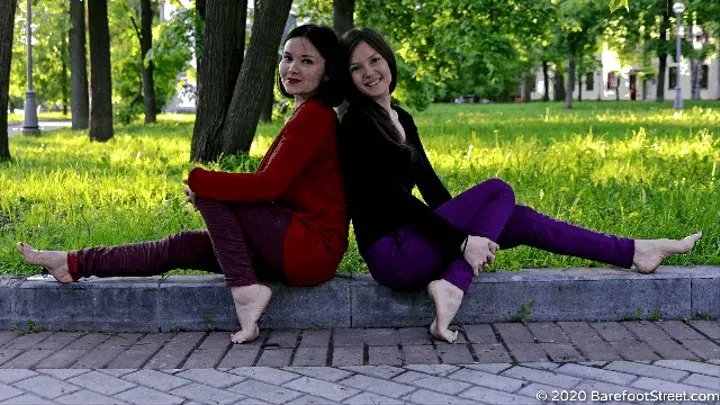 Young and mature barefoot sisters Alexandra and Natalya walks in the city (Part 6 of 6)