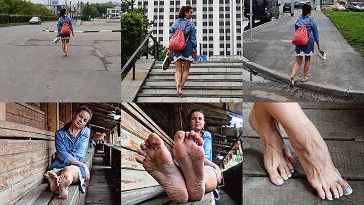Arina walks barefoot for a long time in a dirty rainy city (Full with 35% discount)