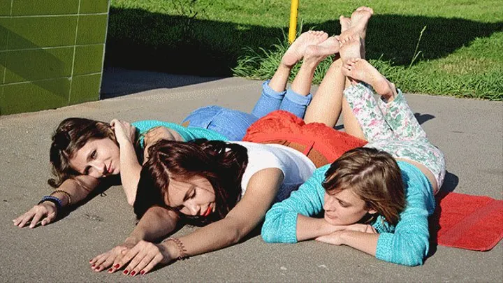 Three barefoot girls Adele, Catherine and Margarita on summer pavement (Part 5 of 5)