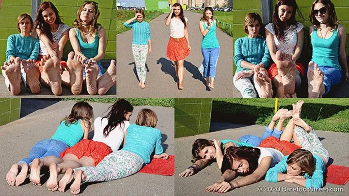 Three barefoot girls Adele, Catherine and Margarita on summer pavement (Full with 28% discount)