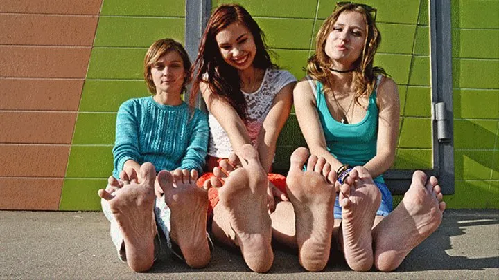 Three barefoot girls Adele, Catherine and Margarita on summer pavement (Part 2 of 5)