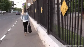 Young 19-year-old blonde girl next door walks barefoot in the city (Part 6 of 6)