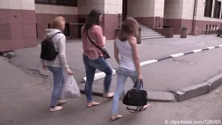 Three young students walk barefoot in the city (Part 1 of 6)