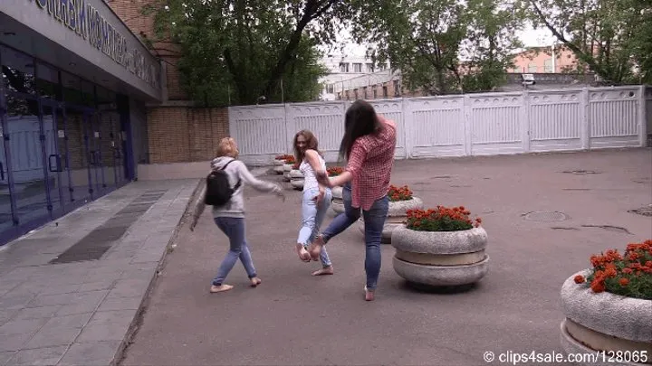 Three young students walk barefoot in the city (Part 2 of 6)