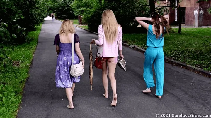 Three blondes Irene, Lilia and Valentina walk barefoot in the city after a summer rain (Part 1 of 6) #20211017