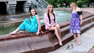 Three blondes Irene, Lilia and Valentina walk barefoot in the city after a summer rain (Part 4 of 6) #20211017