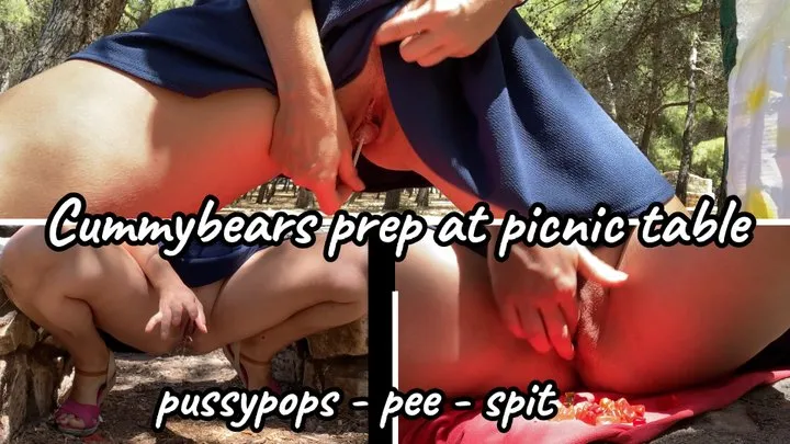 Cummybears prep at public picnic table