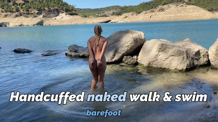 Handcuffed naked walk and swim