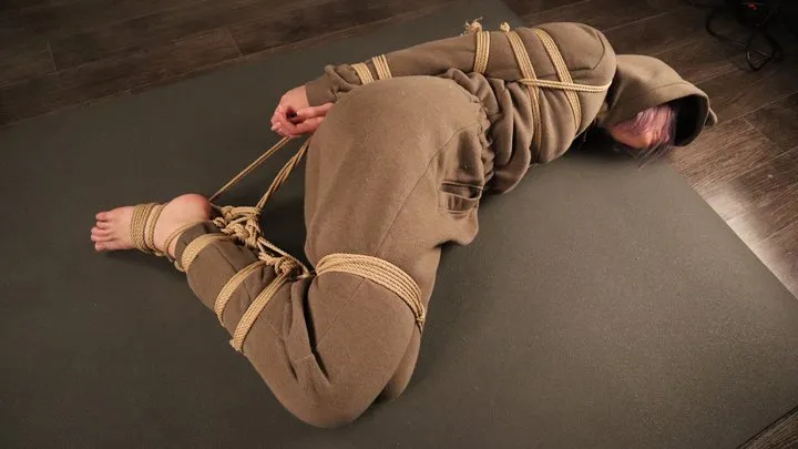 Sofi in overalls tied with jute ropes  Hogtie  Part 1-2  Full version