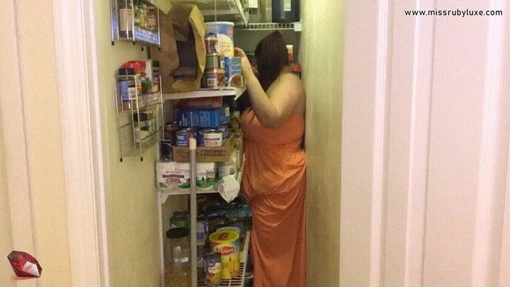 Feedee with Bulging Belly gets STUCK in Tiny Pantry - Eats Her Way Out