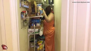 Feedee with Bulging Belly gets STUCK in Tiny Pantry - Eats Her Way Out