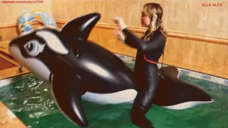 Alla hotly fucks a black inflatable whale in the pool and wears a wetsuit!!!