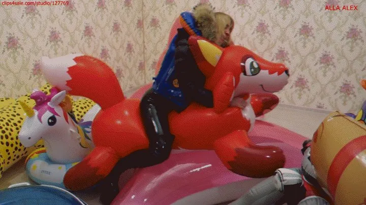 Alla is fucking hot with an inflatable fox and an inflatable unicorn and an inflatable rhinoceros and wears vinyl pants and an inflatable vest with a down jacket!!!