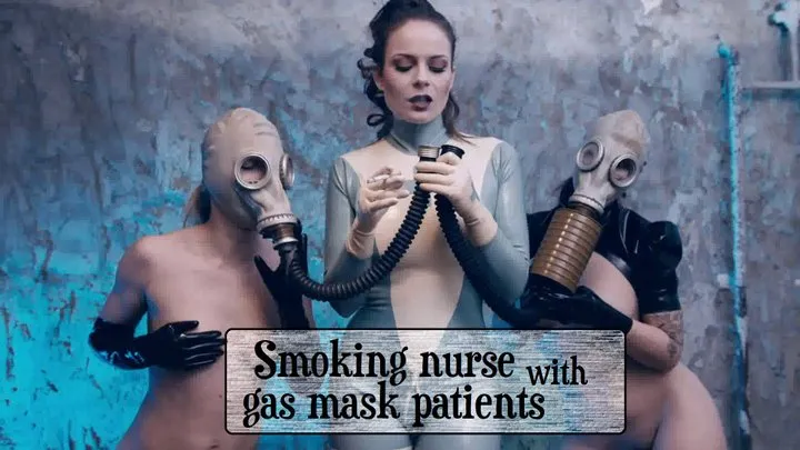 Smoking nurse with gas mask patients