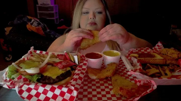 SSBBW Eating Burger, Fries, Mozzarella Sticks, and Chicken Fingers