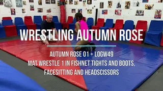 Autumn Rose 01 - Mat Wrestle 1 in Fishnet Tights and Boots, Facesitting and Headscissors