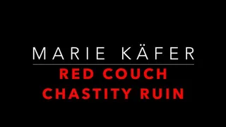 Chastity husband is unlocked, edged and ruined on red leather couch