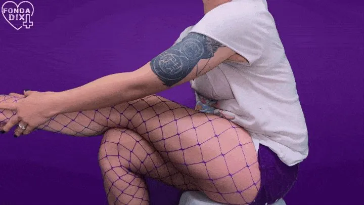 Leggy purple fishnet tease