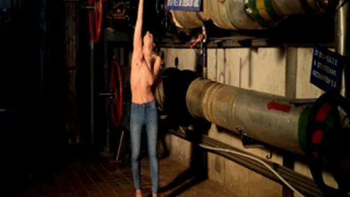 Topless and barefoot cutie Kate tiptoeing handcuffed to the pipe