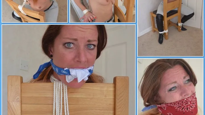 Fayth on fire, topless, gagged and chair bound